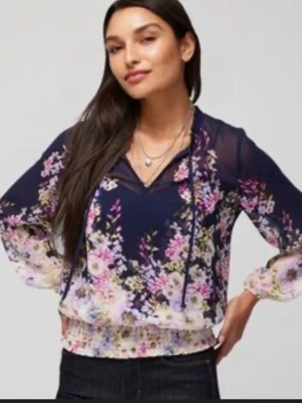White House Black Market Navy Floral Banded Hem Blouse - Size L